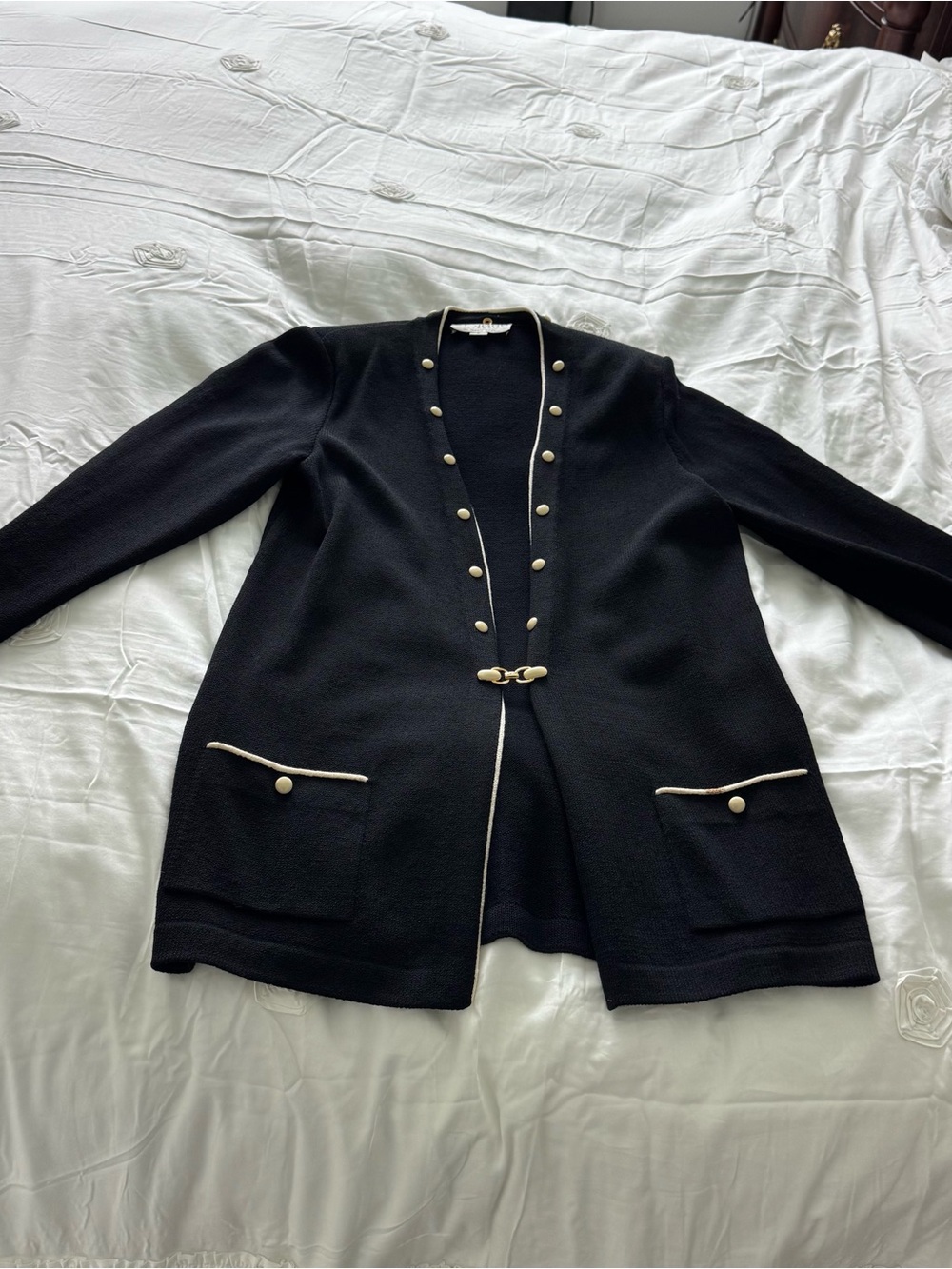 St. John Black Knit Blazer with Cream Trim and Gold Buttons